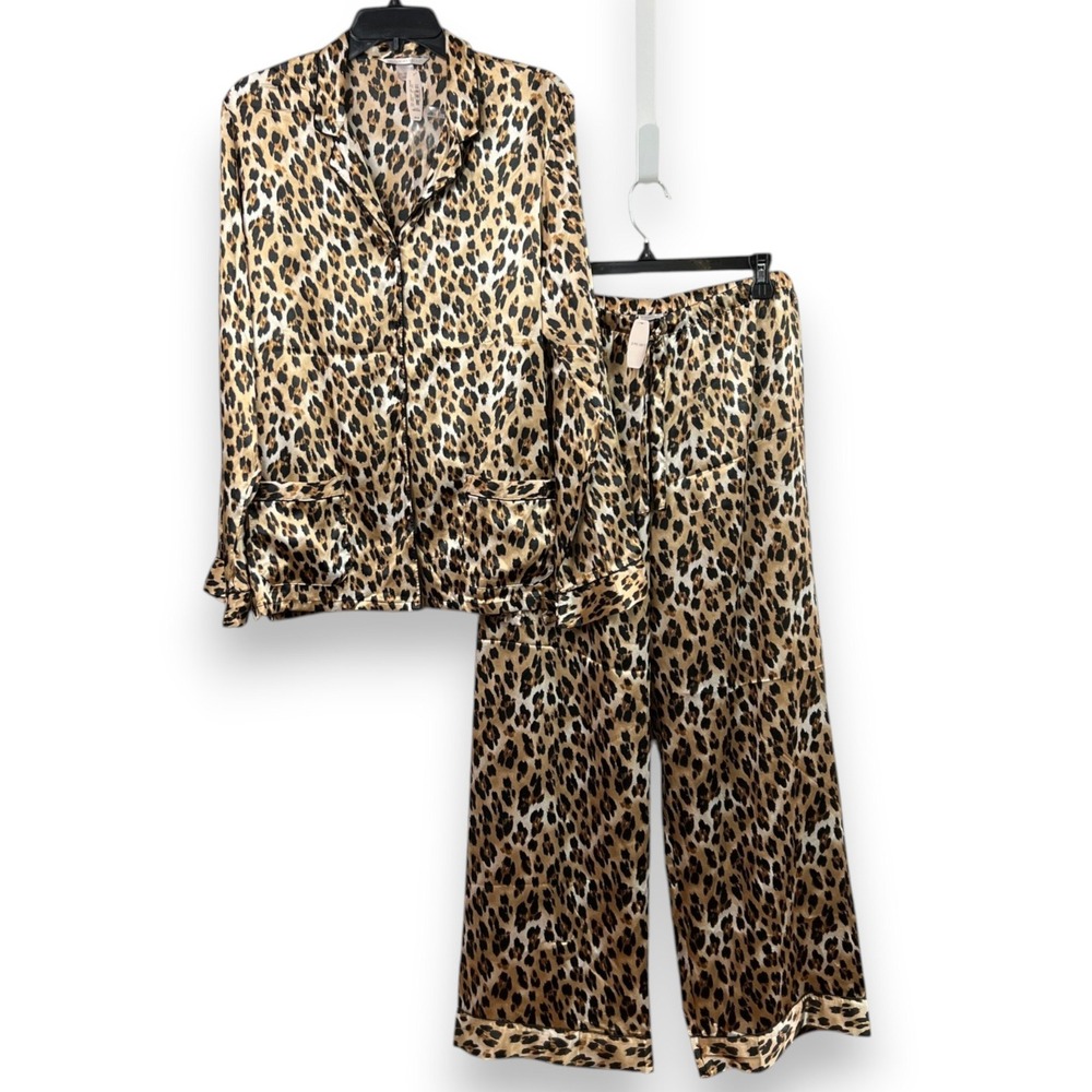 NWT Victoria Secret Satin Pajama Set Women Medium Leopard Animal Print Sleepwear